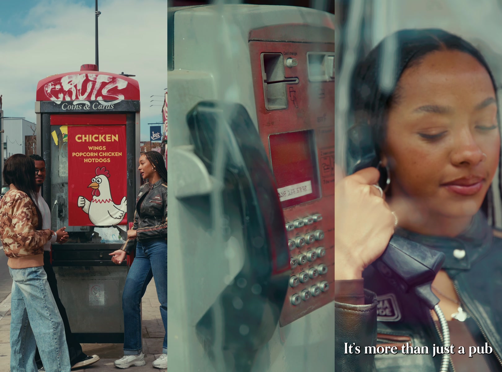 Three frames from The Dark Horse advertisement, featuring a street scene and a woman at a telephone