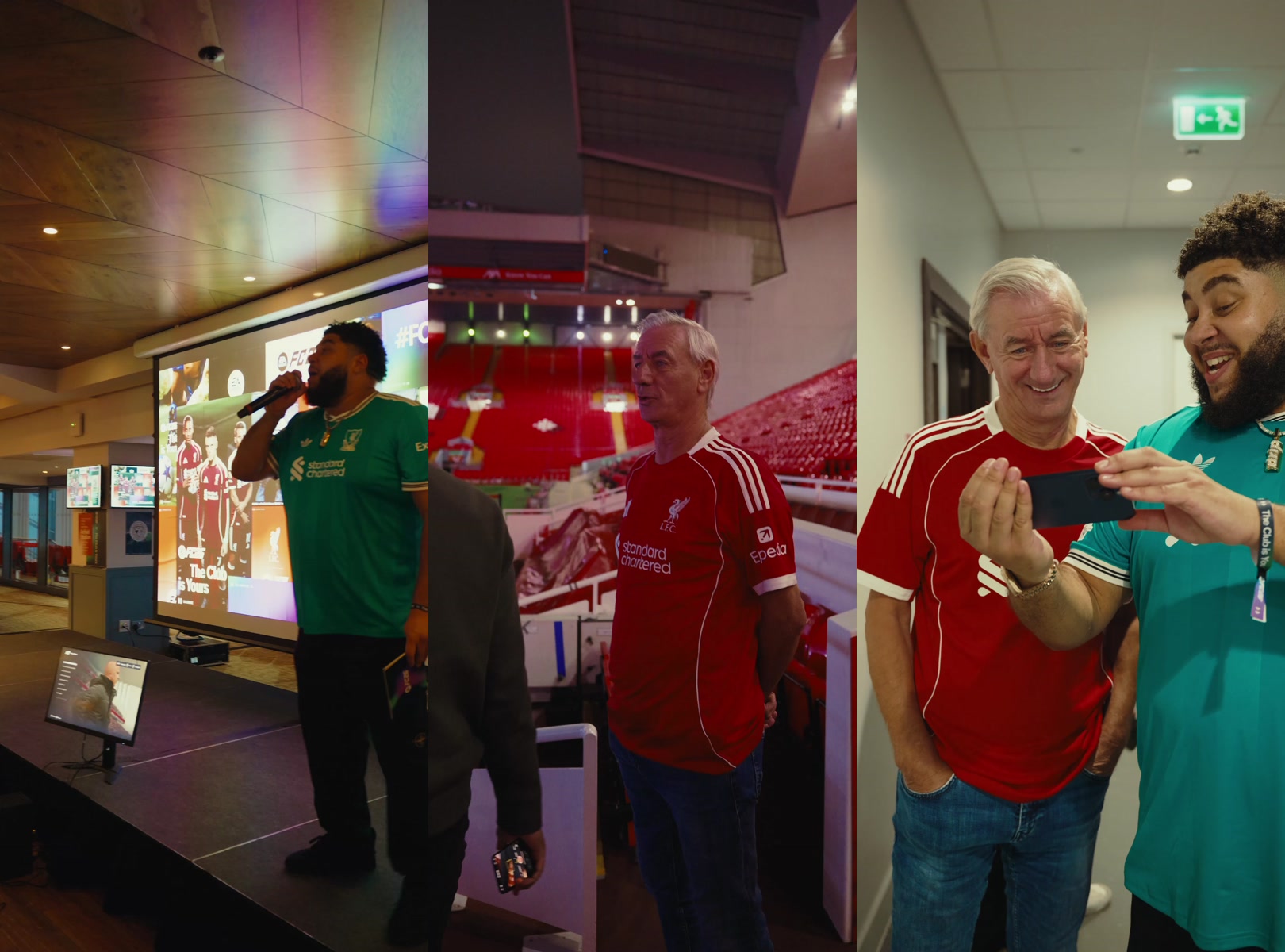 Three frames of guests and activities at the EA Sports and Liverpool FC event