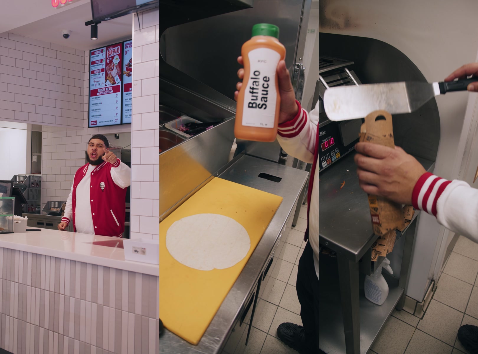 Three frames from the KFC ad: at the counter, preparing buffalo sauce, and cooking in the kitchen